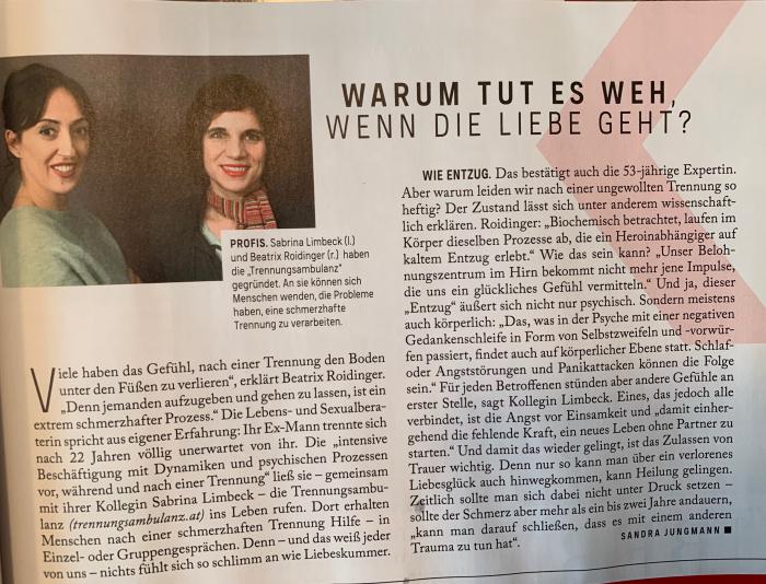 Interview zum Thema Liebeskummer und Trennungsschmerz, WOMAN, Jänner 2019 Woman Interview zum Thema Trennung und Liebeskommer